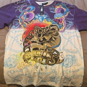 Christian Audigier Skull and Chains Tee in Purple and Cream